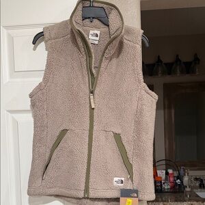 The North Face Beige Fleece Vest with Olive Accents